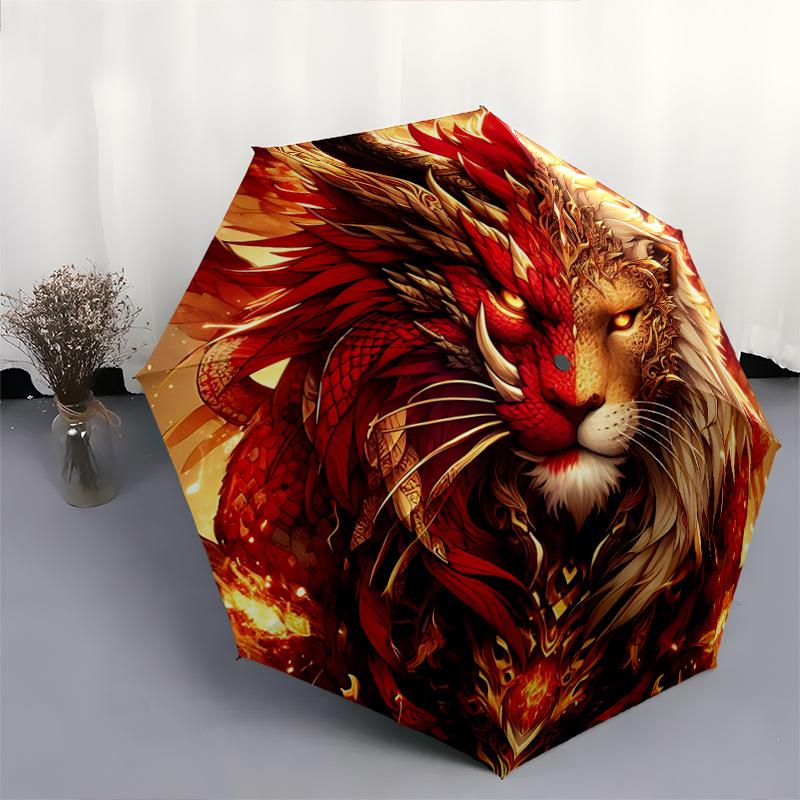 1pc Golden Lion of Fire Automatic Folding Umbrella - 3 Folding Design, Vivid Cartoon Pattern, Suitable for Outdoor Activities, A Gift for Fans In All