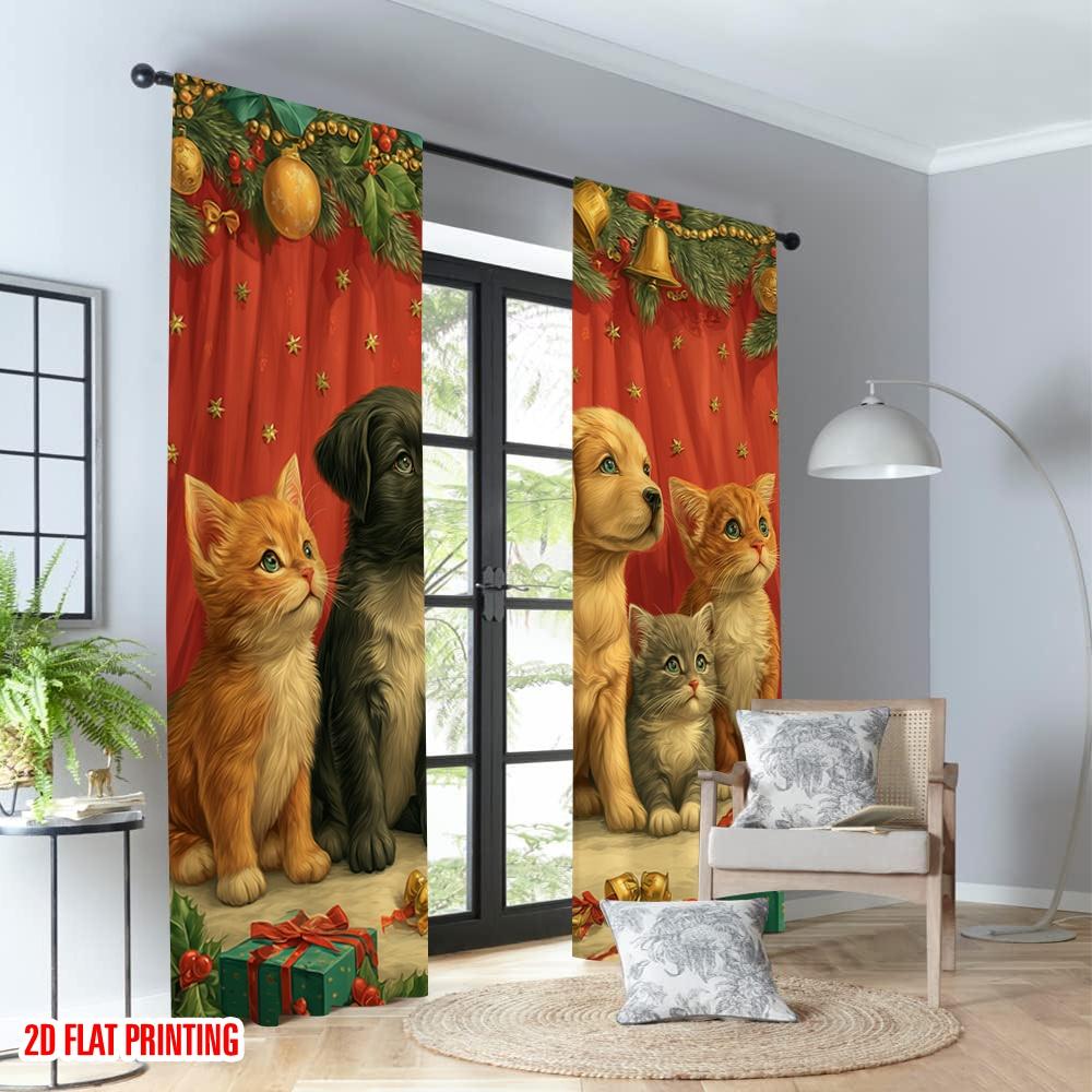 2pcs 2D Flat Printing Christmas Curtains Christmas Puppies Kittens Gifts Digital Printed Polyester Drapes Party & Holiday Decor