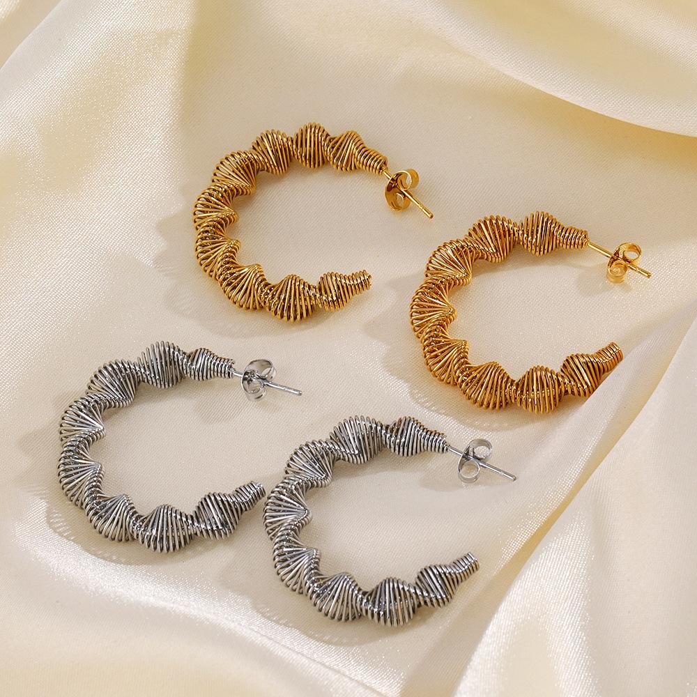 Spring Coil Twisted C Shape Hoop Earrings Gold Color Stainless Steel Geometric Earrings  Jewelry Gifts
