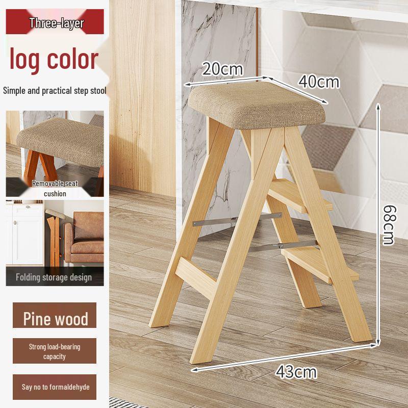 Three-Step Solid Wood Folding Ladder Stool: Multifunctional for Kitchen and Bar Use