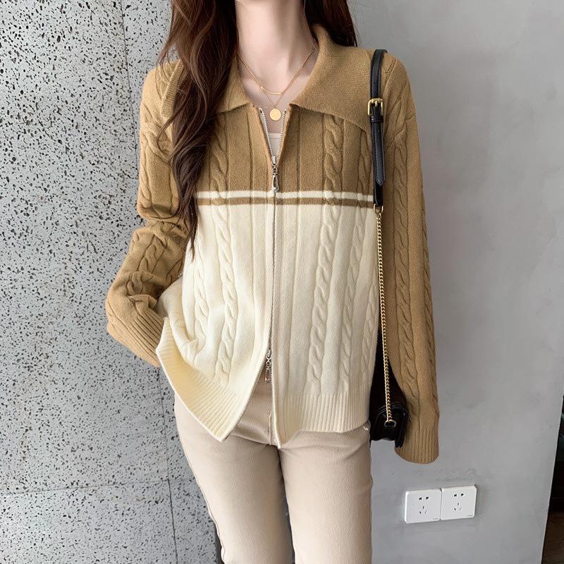 Retro Zipper Sweater Polo Collar Contrasting Color Gentle Wind Twist Knitted Cardigan Jacket with Spring Clothes New