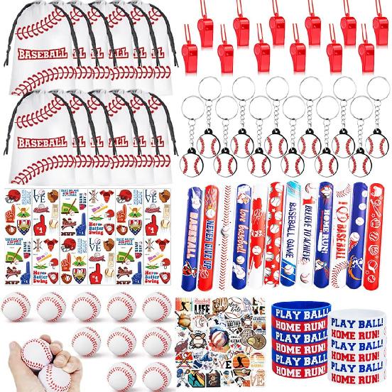 134 PCS Baseball Party Favors, 12 Set Goodie Bag, Mini Stress Balls, Baseball Stickers, Rubber Bracelets, Keychain, Tattoo Stickers, Slap Bracelets,