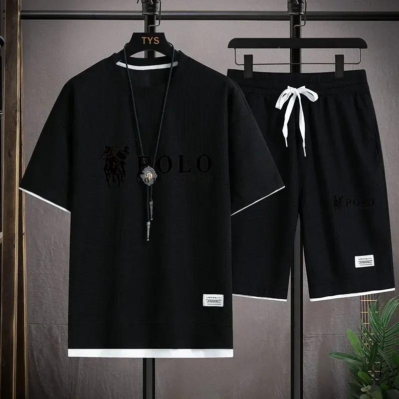 Summer New Men's Large-sized Casual Fashionable Breathable Quick-drying Fitness Sports Short-sleeved T-shirt + Sports Shorts Set