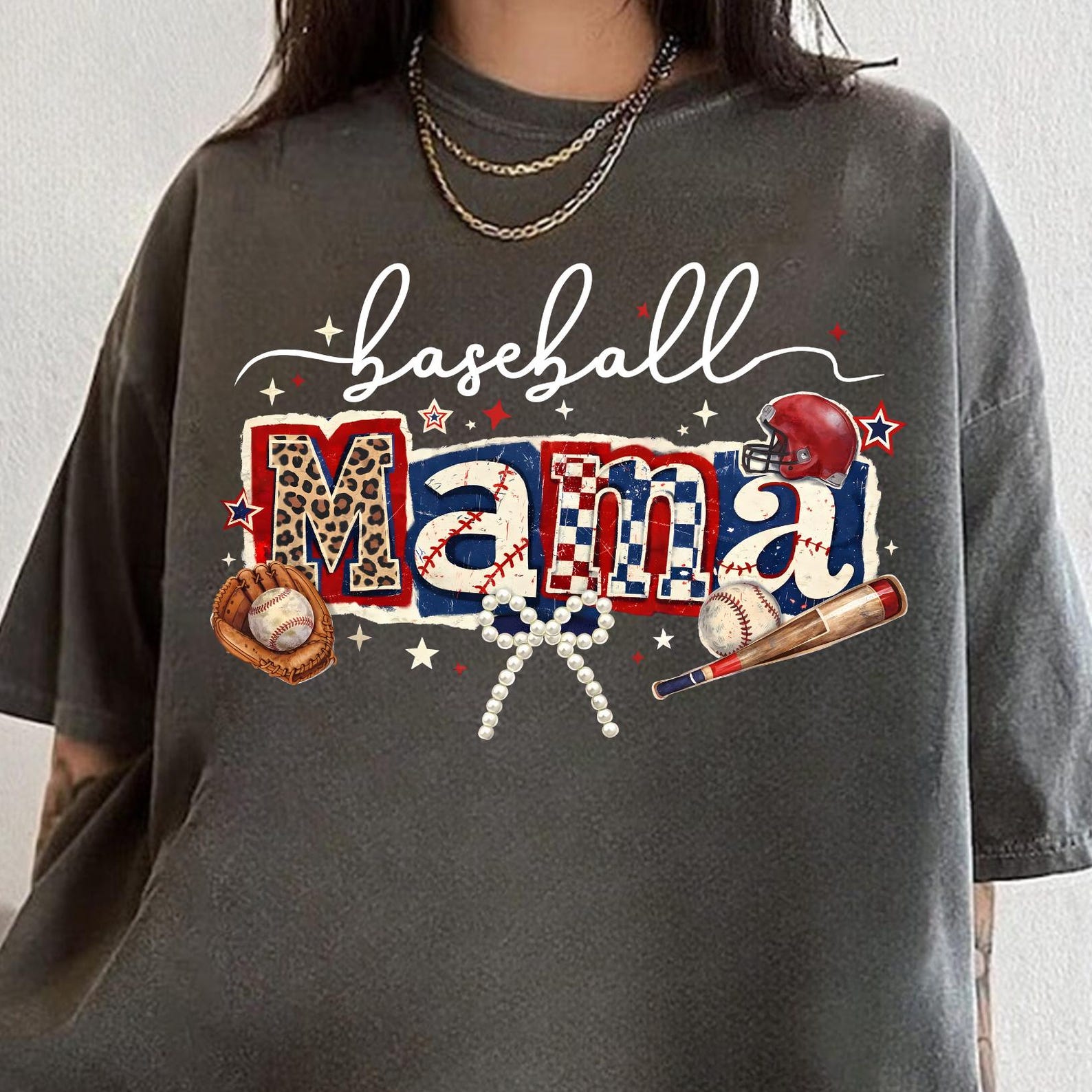 Game Day Baseball Mama Shirt, Sports Mom Shirt, Baseball Bow Bat Shirt, Helmet Bat Glove, Athletic Game Day Mama Shirt, Preppy Baseball Tee M