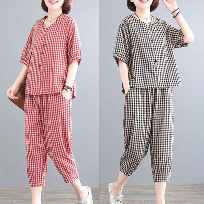Maglietta di grandi dimensioni Pantaloni lunghi Due pezzi Maglie a maniche corte Pantaloni lunghi Larghi Casual Retro Due pezzi Cotone Due pezzi Abbigliamento da donna