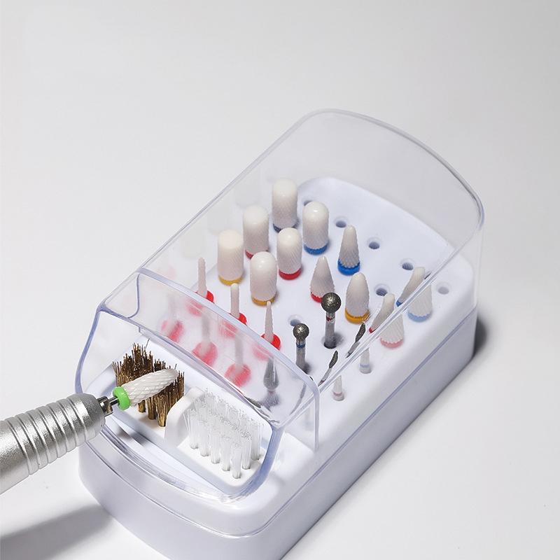 2 In 1 Nail Drill Bits Storage Box 30 Holes with Cleanning Brush Manicure Salon Grinding Head Holder Display Nail Art Accessory