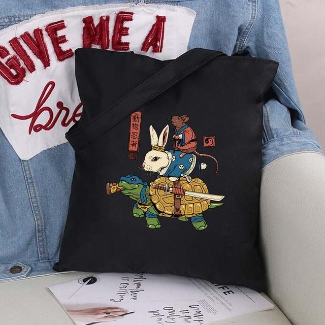 Women Shopping Bags Cute Cartoons Pattern Series Eco Shopper Shoulder Bag Fashion Black Printing Folding Handbag Canvas Tote Bag