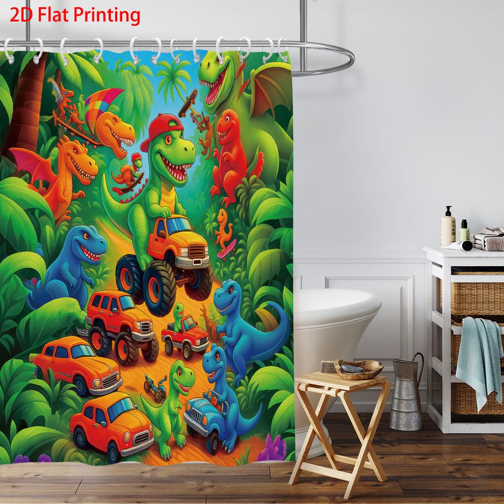 1Pc Forest Cartoon Dinosaur Printed Waterproof Shower Curtain Bathroom Partition Privacy Multiple Sizes 12 Hooks Easy To Install