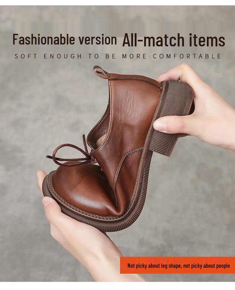 2023 Autumn Women's Genuine Leather Round Toe Lace-Up Flats with Soft Sole and Low Heel