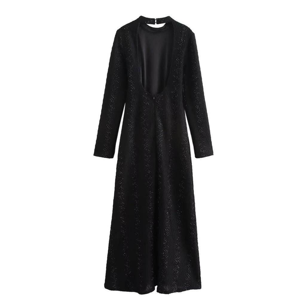 2024 Women's European & American Fashion Simple Stand-Up Collar Long Sleeve Evening Dress