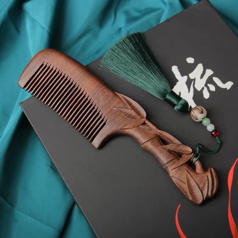 Engraved Green Sandalwood Comb - Black Gold Carved Design, Gift Box Included