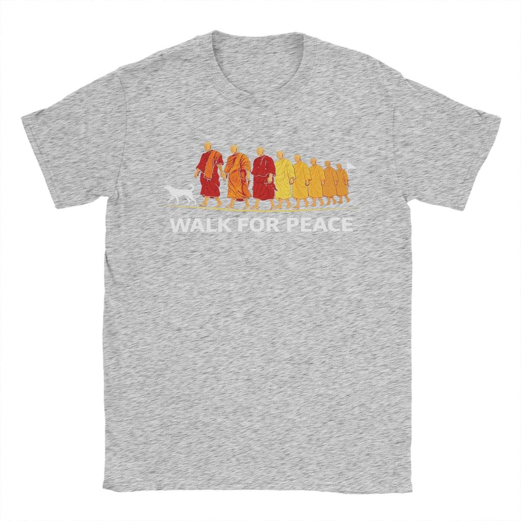 Unisex T-Shirt Retro Walk for Peace Mönche mit Aloka Hund Minimalistisch Zen Lässig Baumwolle T-Shirt Rundhals Kleidung Geschenk