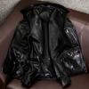 Genuine Sheepskin Leather Jacket Men Slim Fit Vintage Biker Coat Retro Collar
