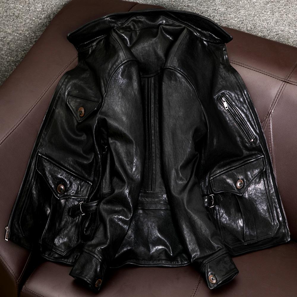 Genuine Sheepskin Leather Jacket Men Slim Fit Vintage Biker Coat Retro Collar
