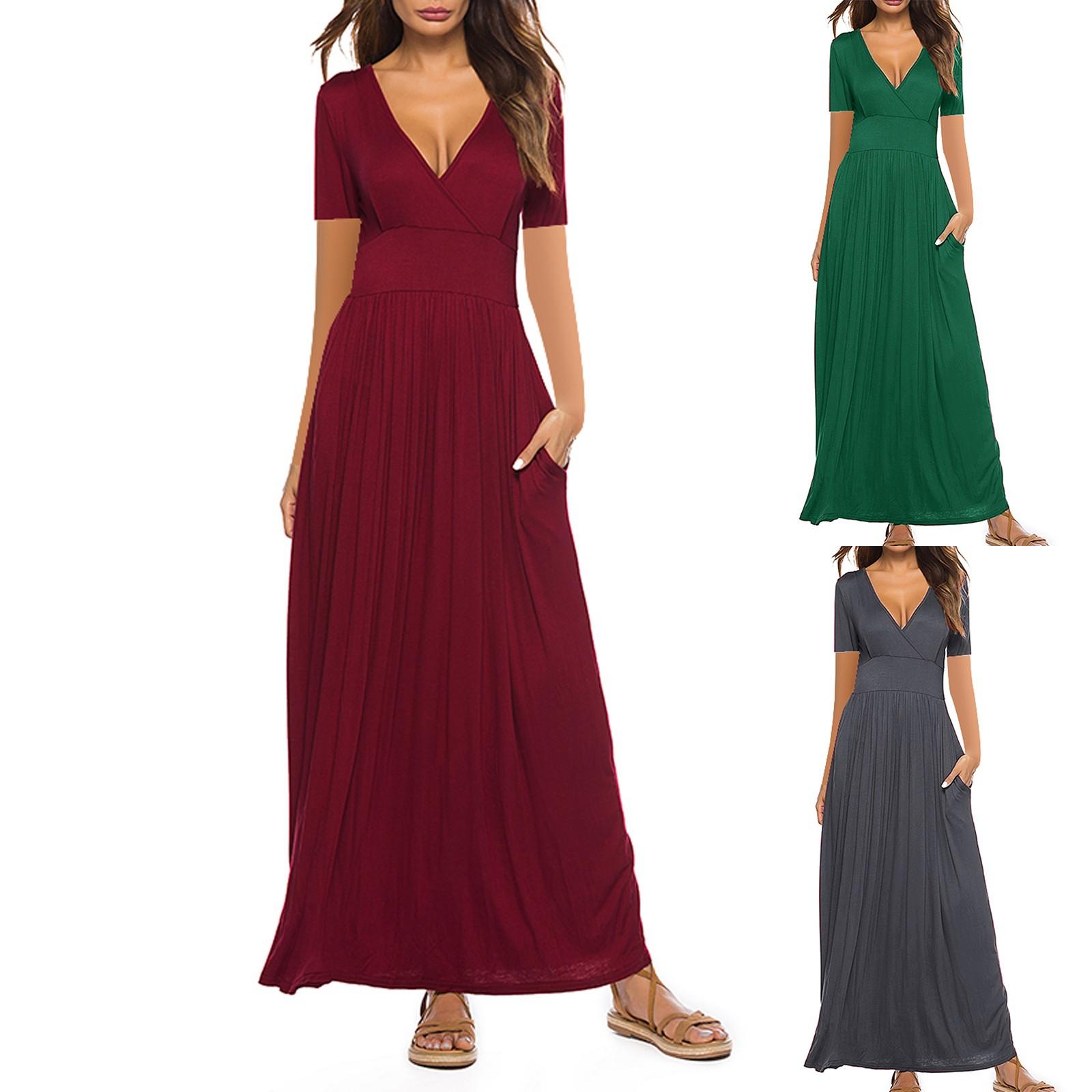 

Женское сплошное цветное повседневное удобное свободное платье с короткими рукавами и карманами, длинное платье