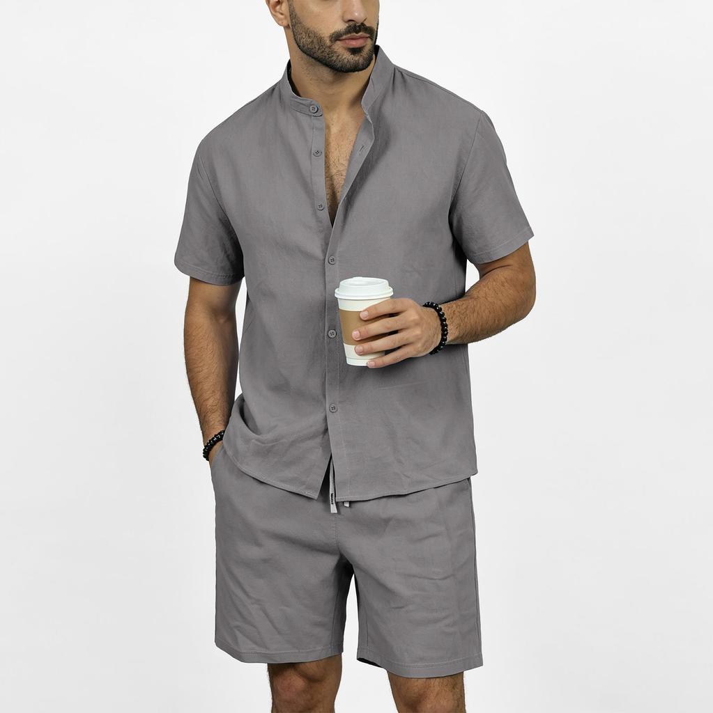 Men's Linen Short Sleeve Shirt and Elastic Waist Shorts Set, Casual Beach Outfit