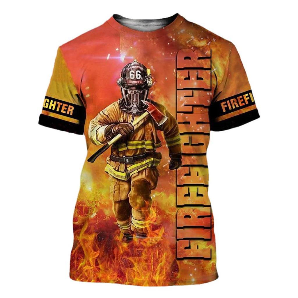 Summer Round Neck 3D Firefighter Print Top Fashionable Casual Short Sleeved Men's T-shirts