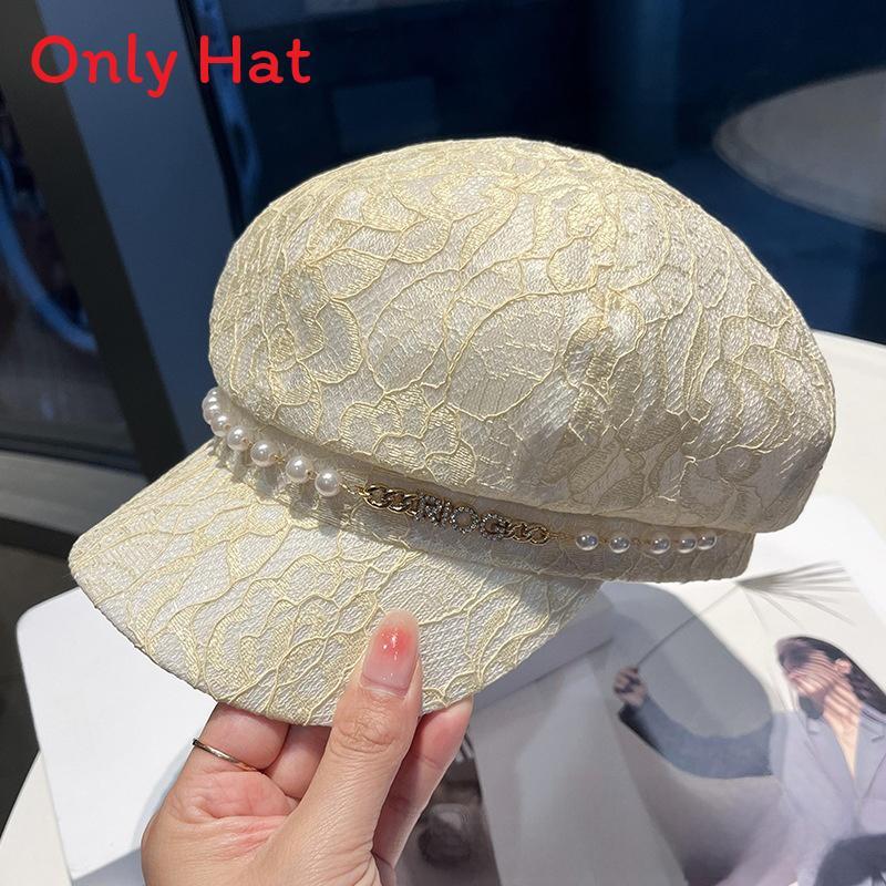 Pearl Chain Lace Octagonal Hat With Wide Brim For Sun Protection And Fashion