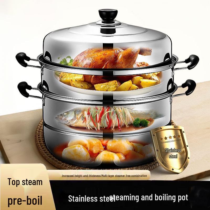 Large Stainless Steel Multi-Layer Steamer Pot for Steaming, Soup, and Fish, Compatible with Induction and Gas Stoves