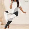 Women Plus Size White Black Grey Printed Two Piece Set Round Neck Short Sleeve Longline Top And Fitted Pants
