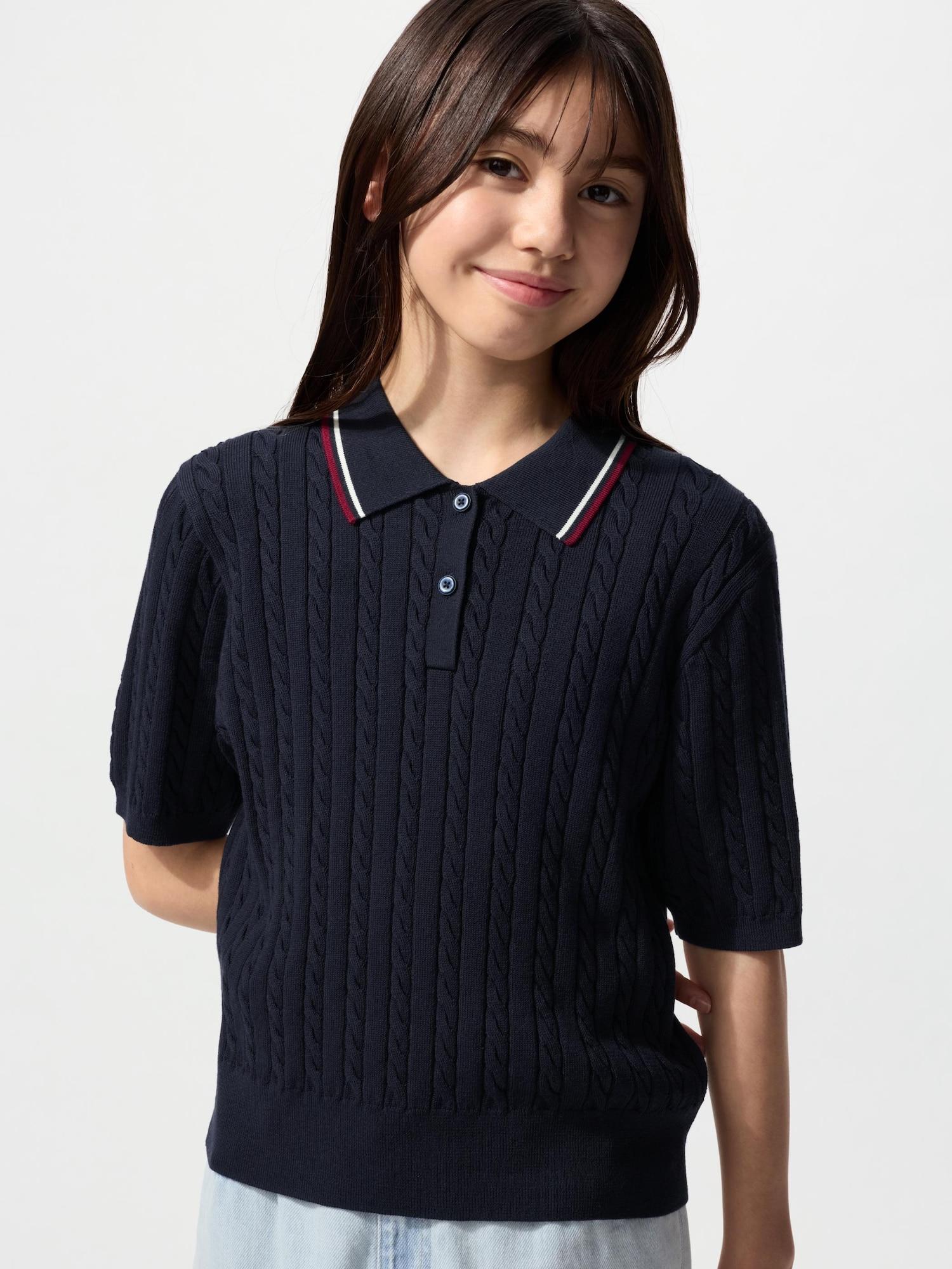 

Uniqlo Девочки Стираемый Вязаный Свитер Поло с Коротким Рукавом 69 NAVY/KIDS 120