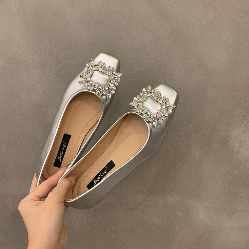 Flat Bottom Silver High-end Square Head Rhinestone Single Shoes Women's Shoes 2025 New Summer Black Commuter Beanie Shoes