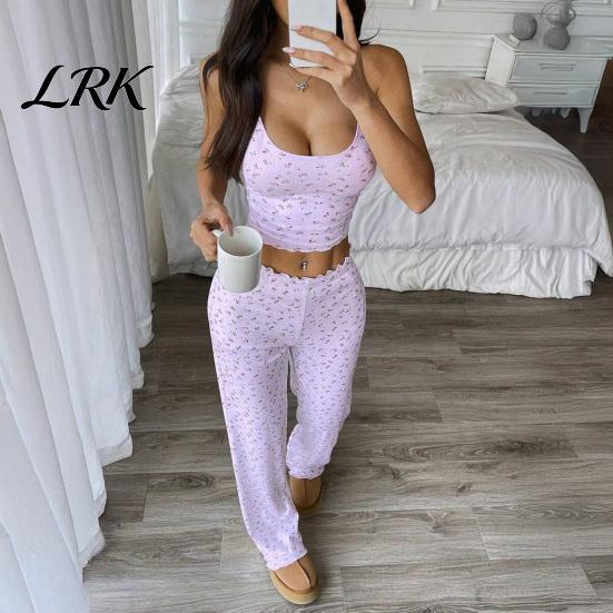 Cute Summer Pajamas with Thin Straps Women Set Floral Print, Sleeveless U Neck Soft Ribbed for Camisole And Pants, Sexy Comfortable Skin-friendly