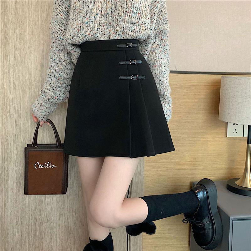 Petite High-Waisted A-Line Black Wool Blend Pleated Skirt for Autumn/Winter