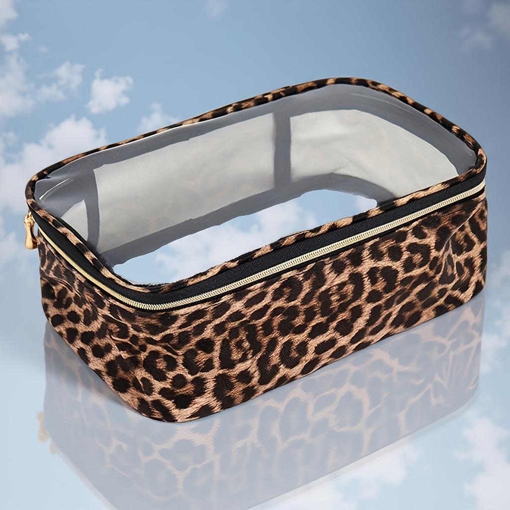 Multi-Compartment Leopard Print Toiletry Bag, Clear Top Design, Durable Travel Storage Pouch for Cosmetics & Electronics