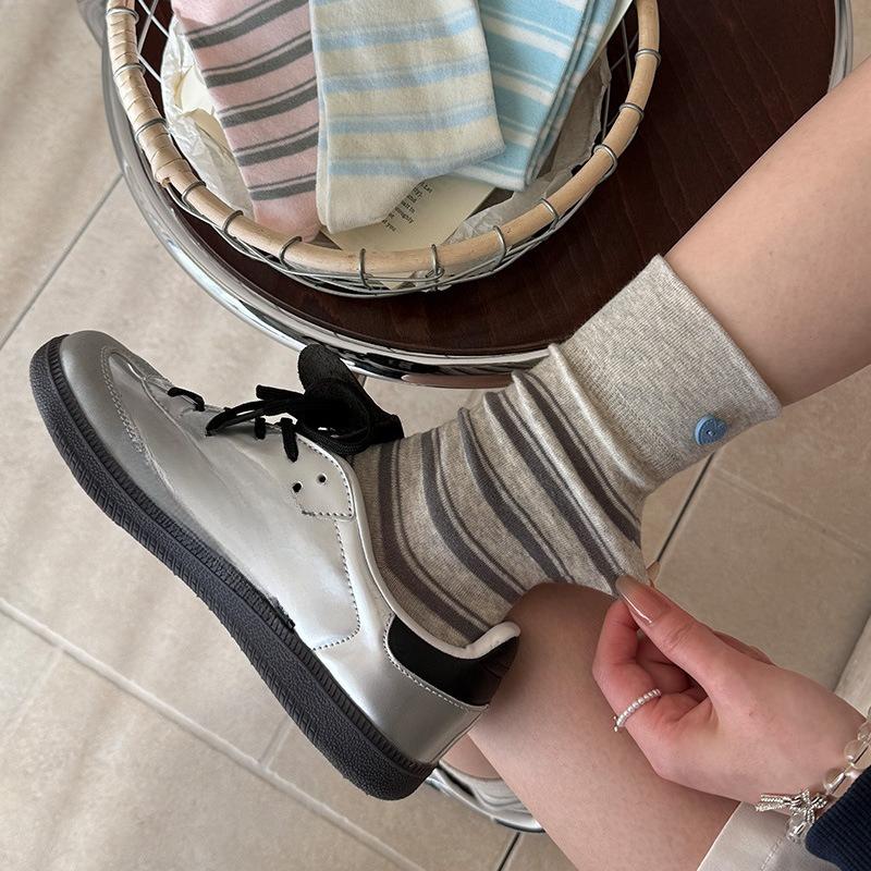 Sock Children Sweet Heart-shaped Buttons Mid-length Socks Trendy Wide Cuff Striped Pile-up Socks