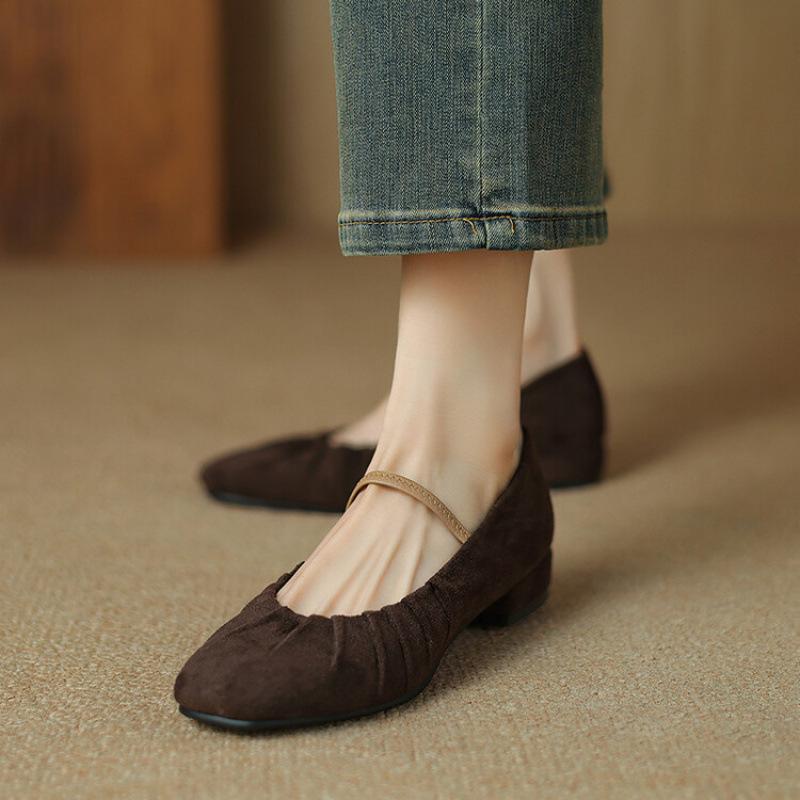 New Four-season Casual Single Shoes Solid Color Suede Size Women's Shoes Round Head Buckle Low Heel Flat Heel Lazy Single Shoes Women