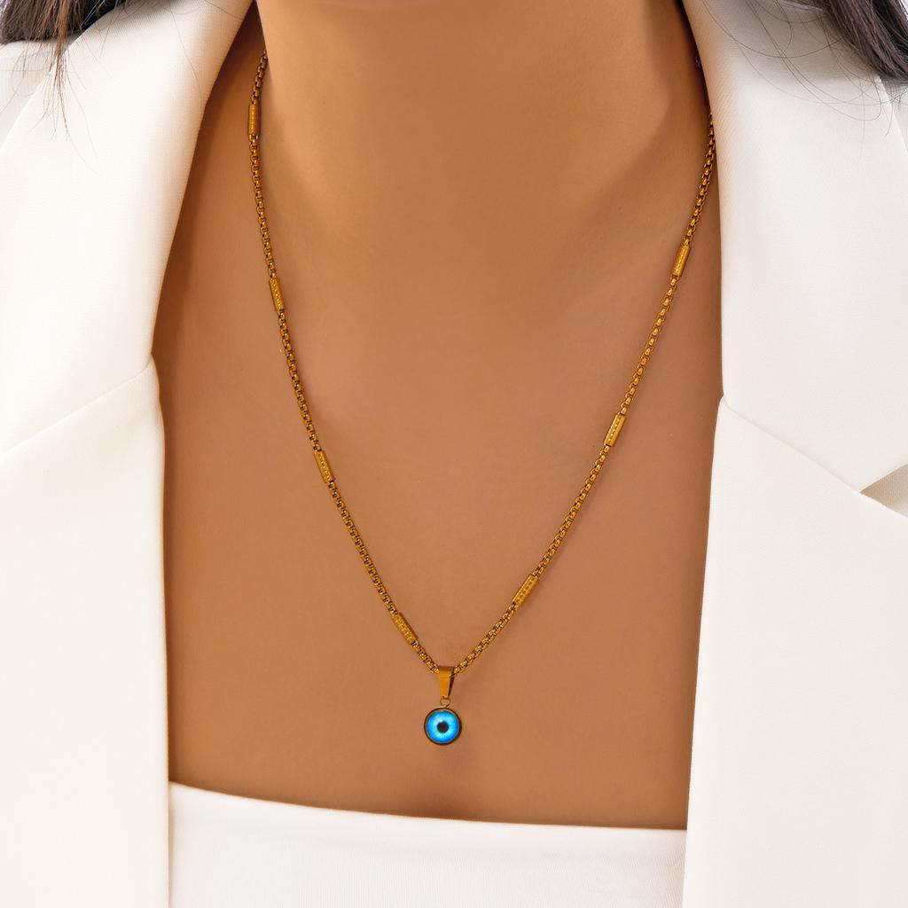 Stainless Steel Turkey Blue Evil Eye Necklace for Women Boho Ethnic Geometric Round Eyes Charm Clavicle Choker Party Jewelry