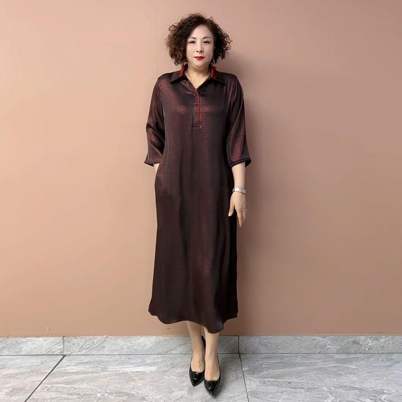 Women’s Silk Dress Summer Lapel Plus-size Dress Solid Color Soft Skin-friendly Breathable Silk Long Dress