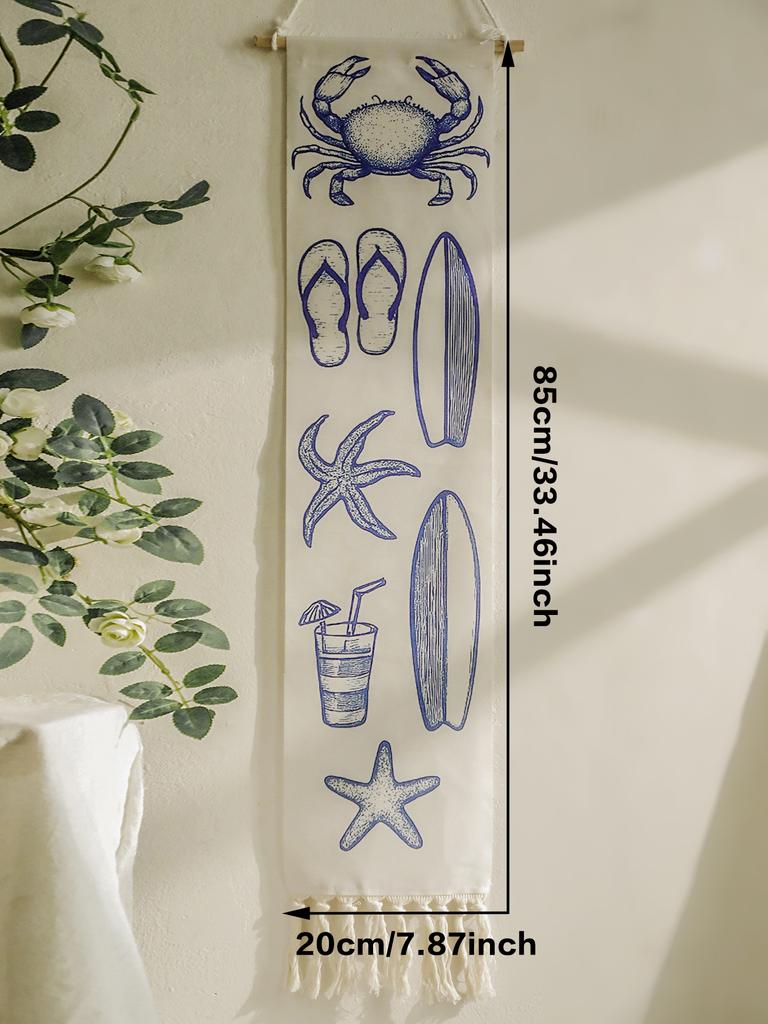 Coastal Tapestry, Beach Nautical Style Wall Hanging with Crab, Starfish, Surfboard Prints, Boho Home Decor, Room Aesthetic Gifts