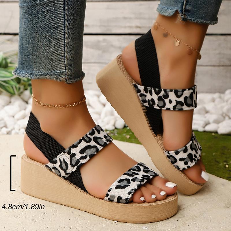 Fashion Summer Leopard Open Toe Sandals for Women Fashion Back Strap Med Heel Sandal Woman 2025 Thick Platform Wedge Sandals Female