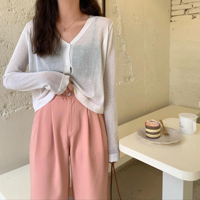 Women Summer Thin Knitted Shirt Top Cardigan V-Neck Full Sleeve Single-breasted Sunscreen Loose Solid Color
