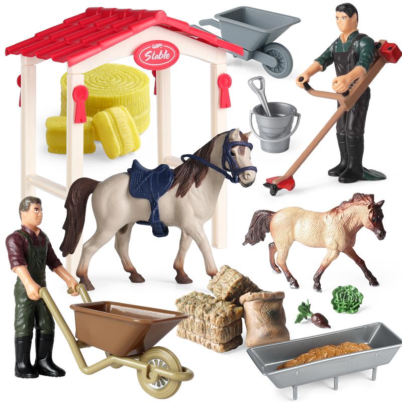 Oenux Farm Model Rider House Horse Stable Equestrian Fencing Action Figures Animals Set Figurine Early Education Kid Toy Gift