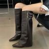 Street Style Fashion Pointed Toe Buckle Strap Women Knee High Boots Thin Low Heels Party Winter Long Boots Ladies Shoes