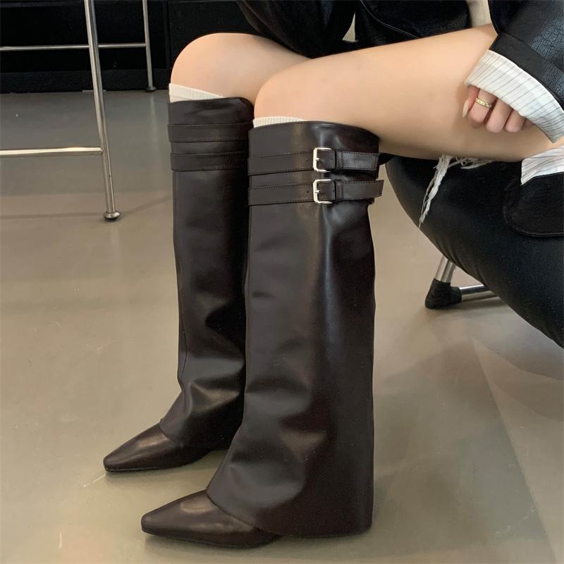 Street Style Fashion Pointed Toe Buckle Strap Women Knee High Boots Thin Low Heels Party Winter Long Boots Ladies Shoes