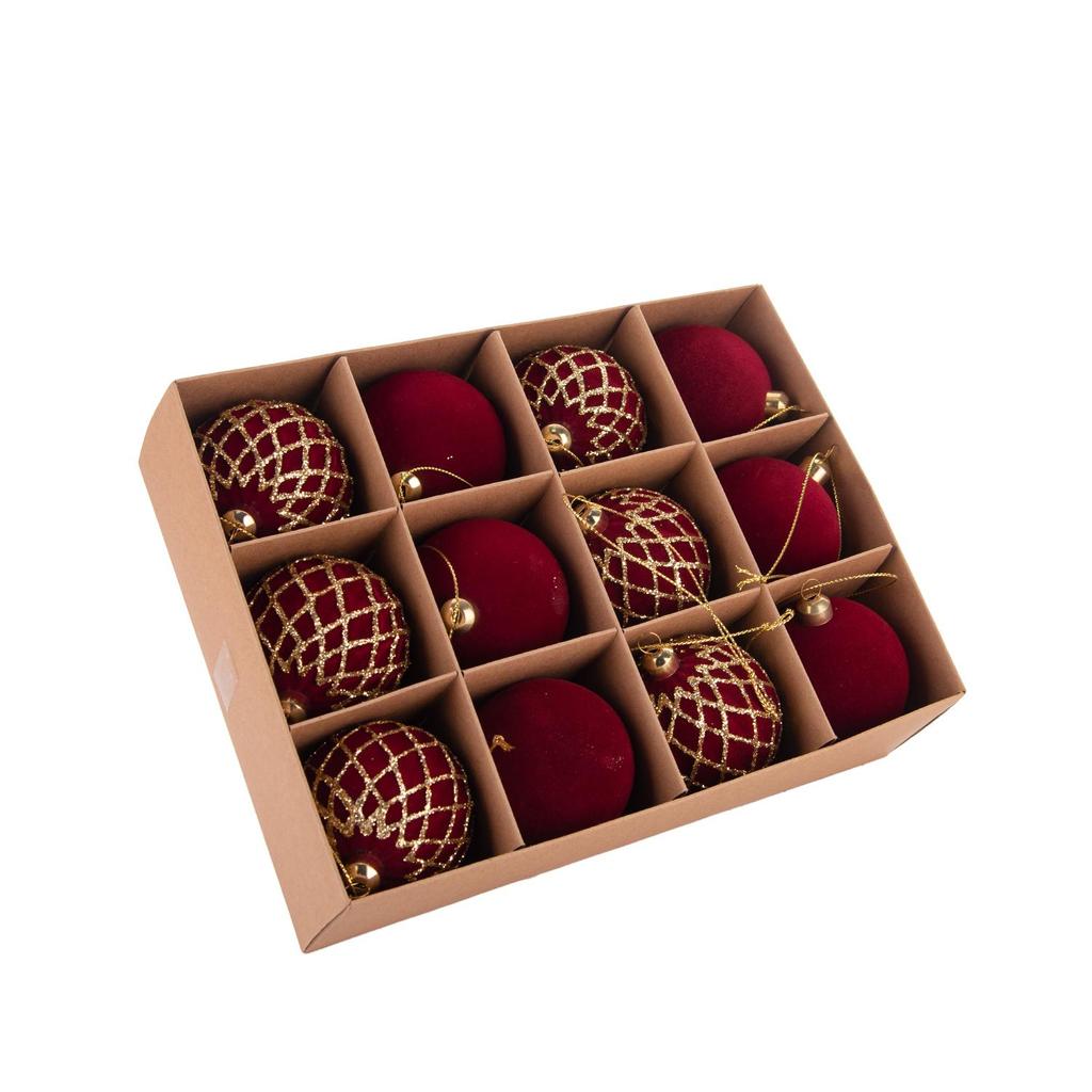 6cm Burgundy Flocked Christmas Baubles with Gold Glitter, 48Pcs Gift Box, 4 Patterns Xmas Tree Hanging Ornaments