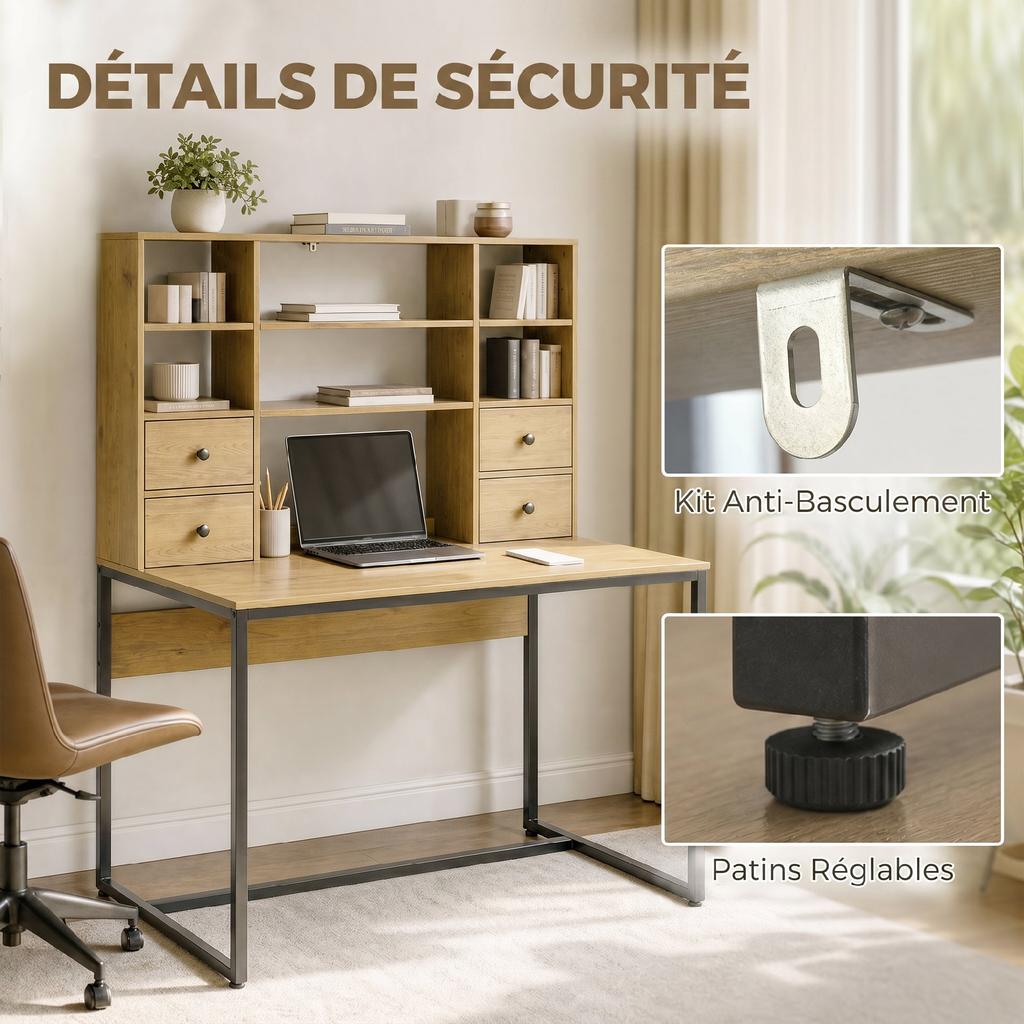 Computer Desk, 4 Drawers, 105 x 60 cm, Open Shelves, Natural Wood