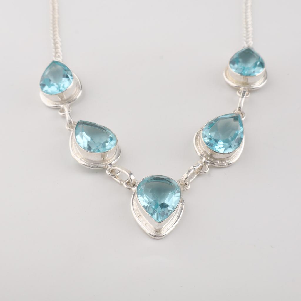 Sky Blue Topaz Gemstone Silver Necklace 925 Sterling Silver Handcrafted Pendant For Birthday RN-1-7