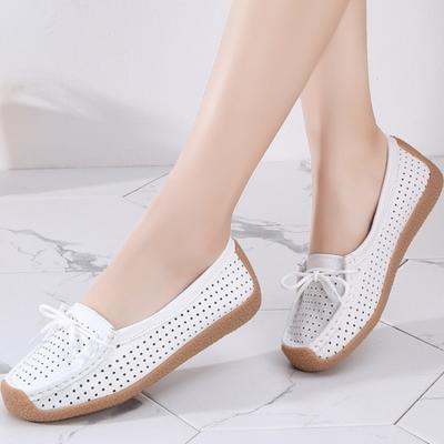 New Women's Single Shoes Cowhide Soft Sole Mother Shoes Summer Hollow Flat Leisure Bean Shoes