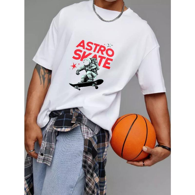 Astro Skate Tričko Bílé Astronaut na skateboardu s červeným textem a grafickým potiskem hvězd Streetwear Ležérní oblečení pro muže a ženy
