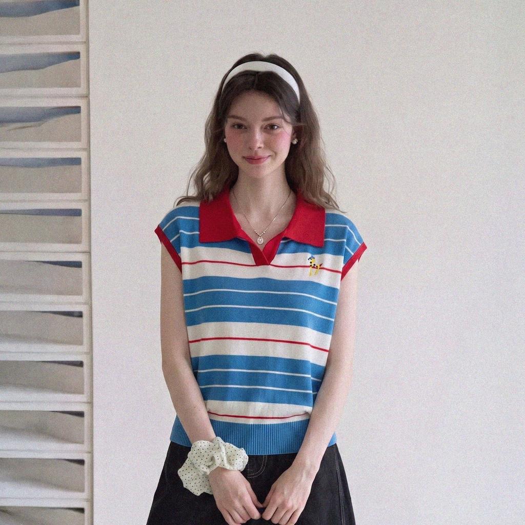 Korean small fresh contrasting color striped Polo collar top women's summer design sense embroidered age-reducing small fly-sleeved knitted sweater