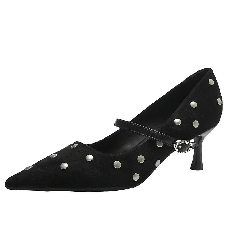 Fashion Rivet Designer High Heels Women Pointed Toe Elegant Office Women Shoes Spring Autumn Fashion Suede Low Heel Mules Pumps Women