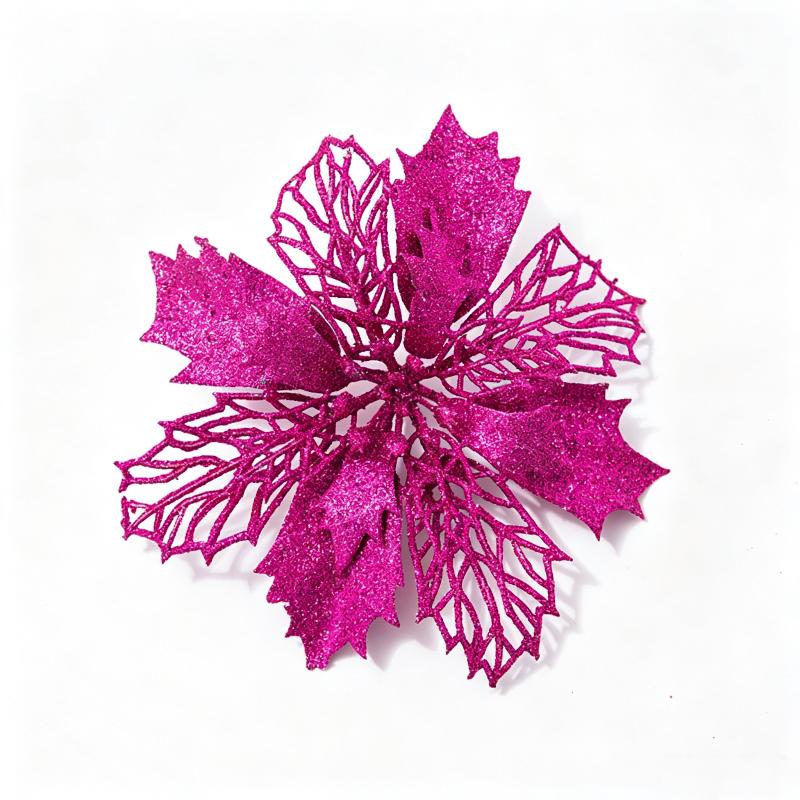 Artificial Glitter Poinsettia 6Pcs Hollow Out Xmas Decor for Christmas Tree Garland Front Door Winter Decor