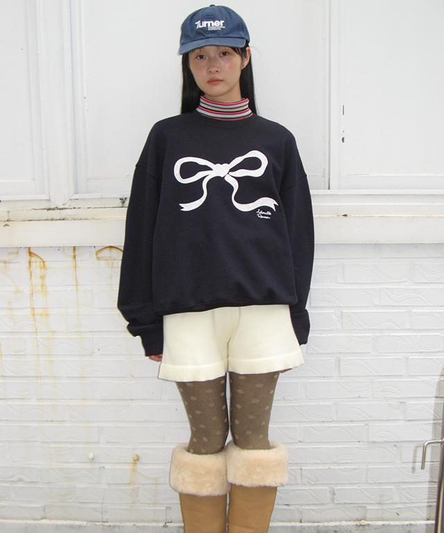 RONRON Heart Ribbon Lace Applique Sweatshirt Navy