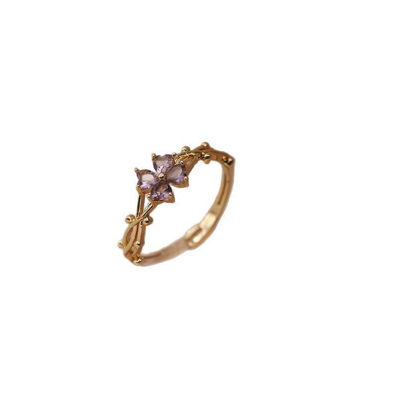 Lila vierblättriger Blüten-Öffnungsring für Damen, süßer und ausgefallener Zeigefingerring, verstellbarer, modischer und personalisierter Ring