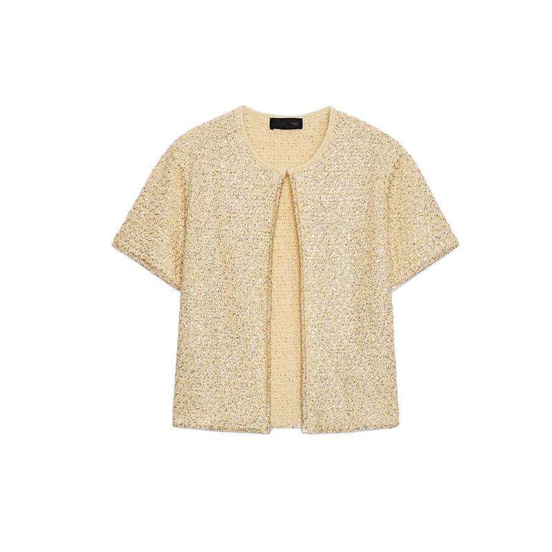 Round Neck Short Sleeve Sequin Knitting Outwear 9598192 Sequin Round Neck Wide Shoulder Strap Knitting Tops 9598194
